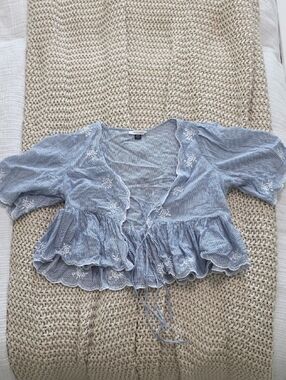 American Eagle Outfitters Light Blue Embroidered Tie-Front Peplum Top